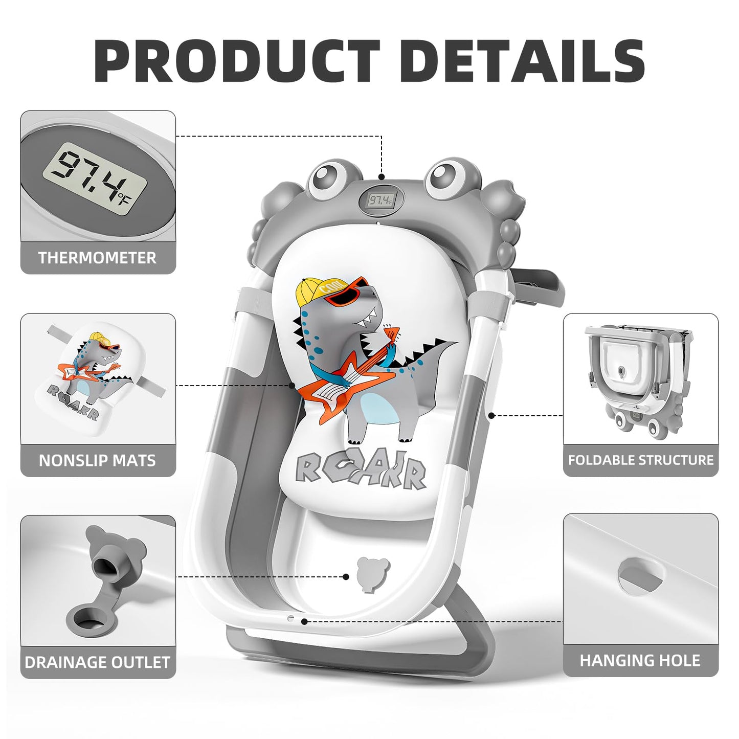 Collapsible Baby Bathtub For Newborns To Toddler With Real-Time Temp Monitor & Floating Cushion,Portable Travel Tub For 0-36 Mon