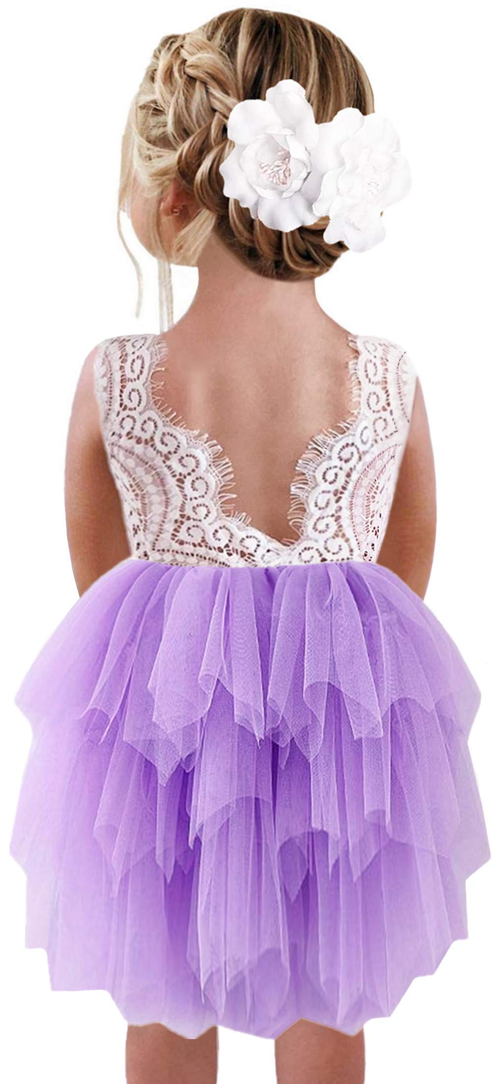 2Bunnies Girl Peony Lace Back A-Line Tiered Tutu Tulle Flower Girl Dress (Purple