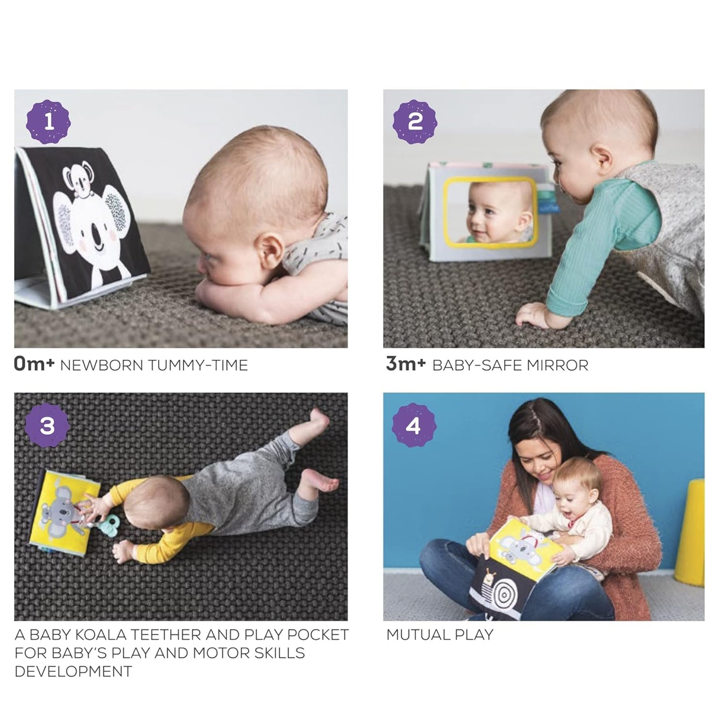 Tummy Time Toys High Contrast Baby Book. Fun, Interactive Crinkle Books for Babies with Baby Tummy Time Mirror & Soft Koala Teet