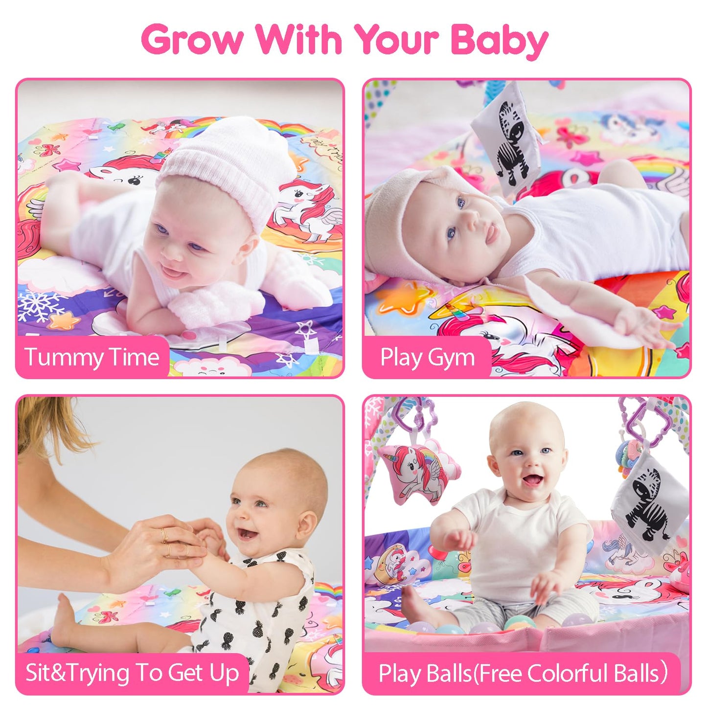 Battop Baby Gym Play Mat, 8-In-1 Tummy Time Activity Mat & Ball Pit With 6 Toys, Washable Sensory Playmat For Visual/Hearing/Mot