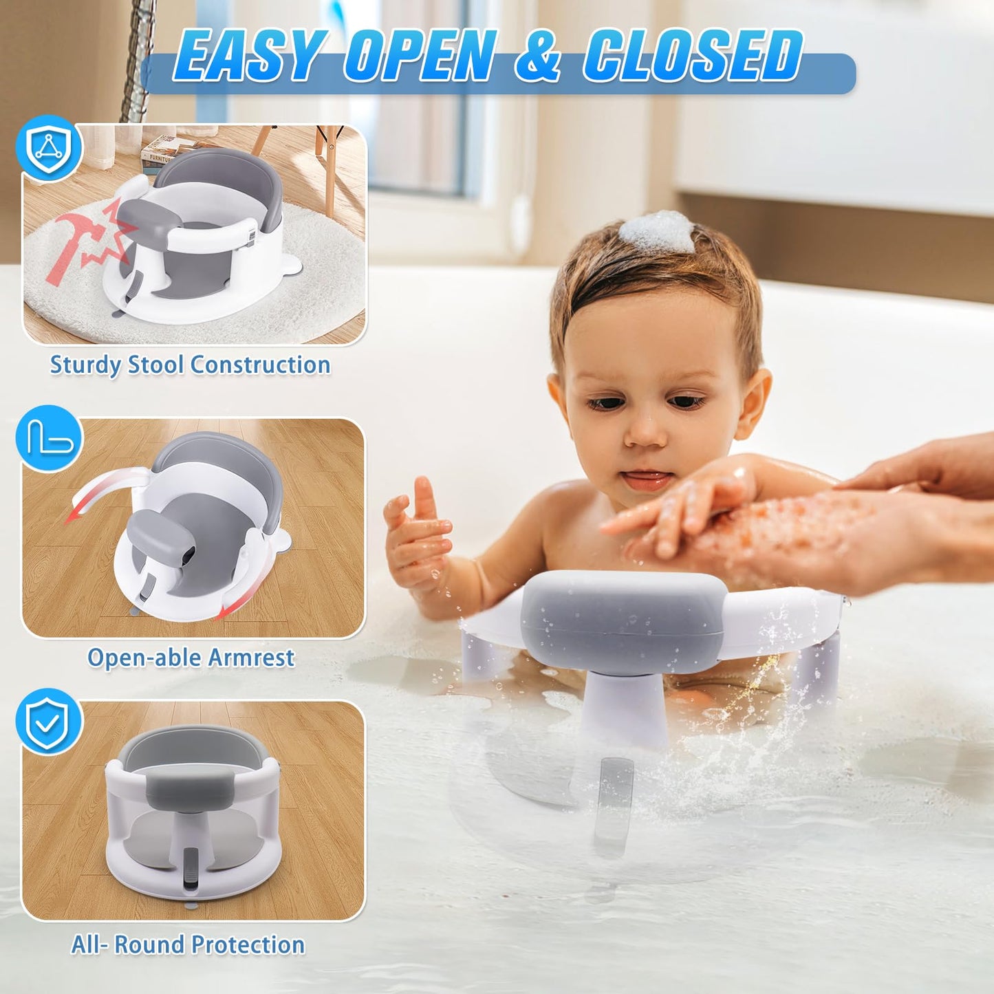 Mostop Baby Bath Seat For Babies 6 Months & Up, Baby Bath Tub Seat With Suction Cups, Non-Slip Toddler Bath Seat With 3 Suction