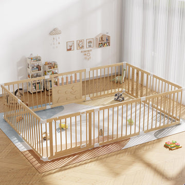 Wooden Baby Playpen with Child Safety Lock, Extra Large Playpen for Babies and Toddlers, Indoor Play Pen for Kids Activity Cente