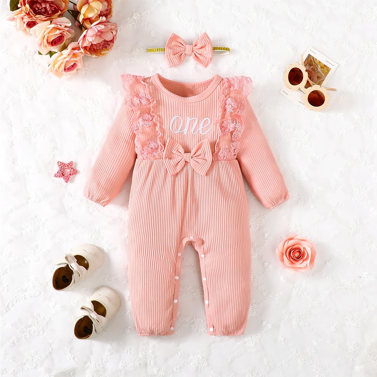 Aslaylme Baby Girl First Birthday Outfit One Year Old Birthday Clothes 1St Birthday Romper (Pink-Long,12-18 Months)