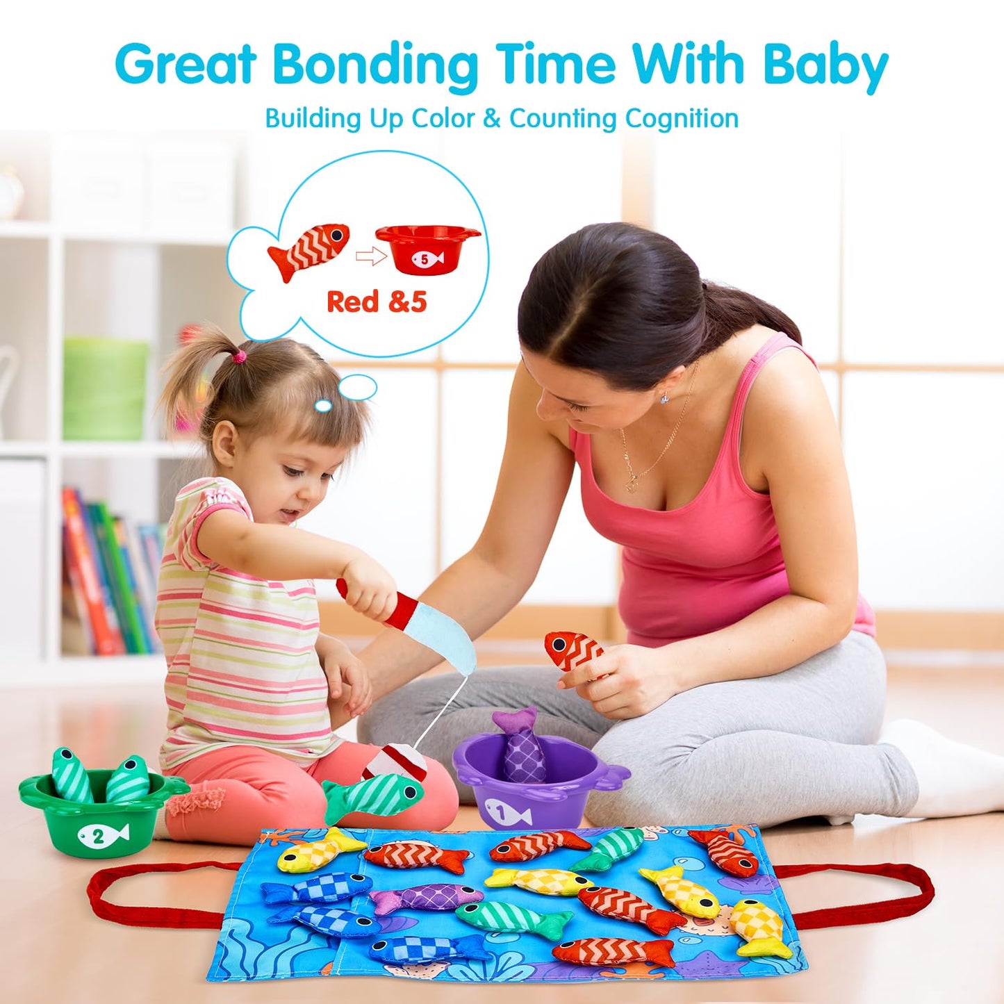 Gacoman Montessori Toys for 1 Year Old Boy Girl Birthday Gift- Cloth Fishing Game for Toddler1-3 for Grandkids with Stacking Cup