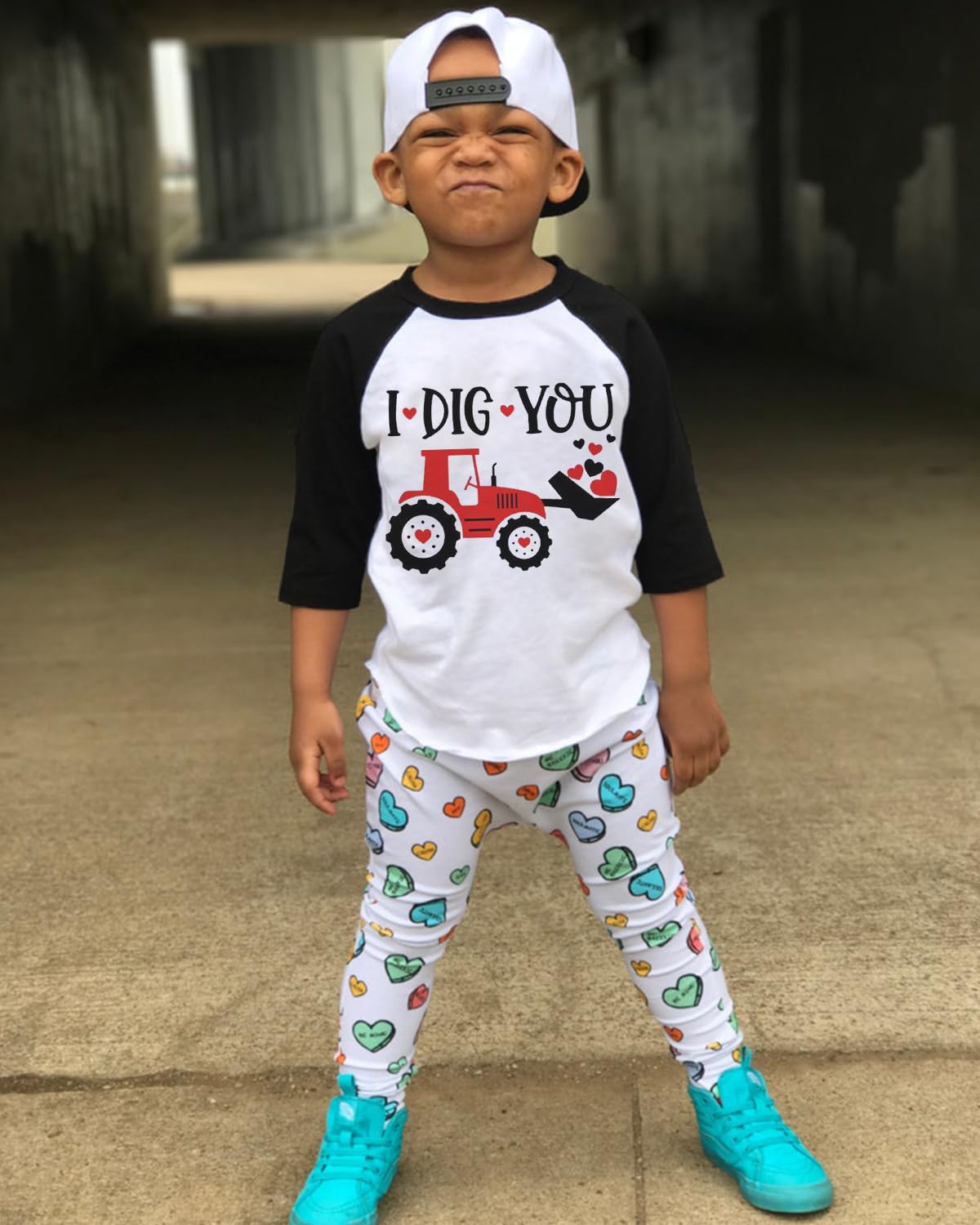 Toddler Boy Valentine'S Day Shirts Raglan Long Sleeve Tee Tops Kids Love Heart Tractor Graphic Clothes 7 Years
