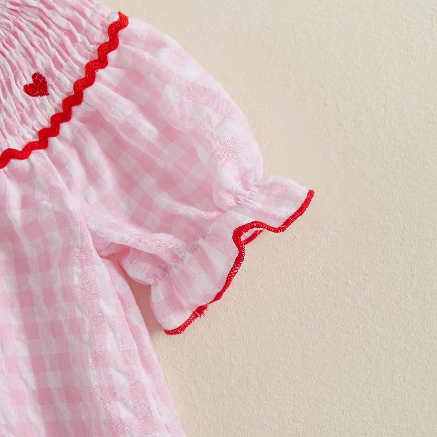 Toddler Baby Girl Valentines Day Outfit Ruffle Smocked Heart Embroidery Dress Plaid Playwear Summer Outfit 6M-4T (Pink, 6-12 Mon