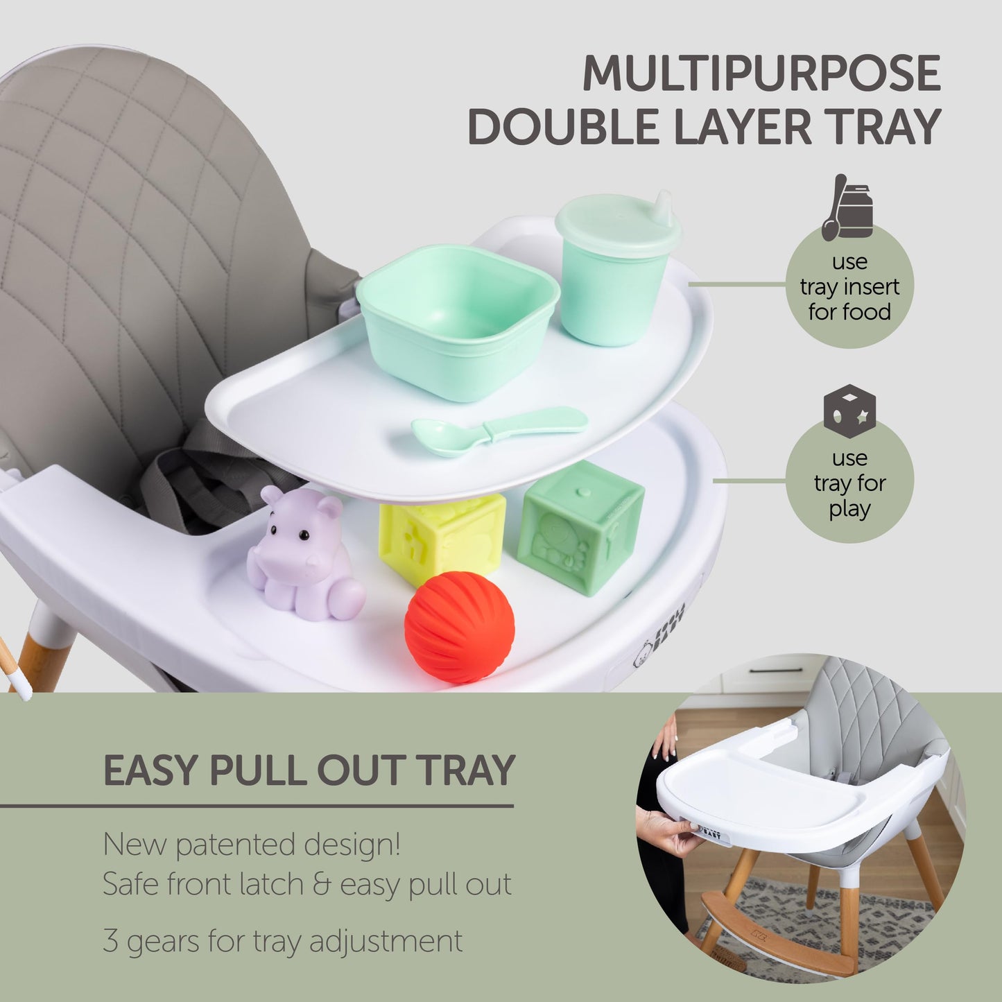 Convertible High Chair For Babies, Toddlers, Kids & Children - Wooden Highchair With Adjustable Height & Dishwasher Safe Tray -