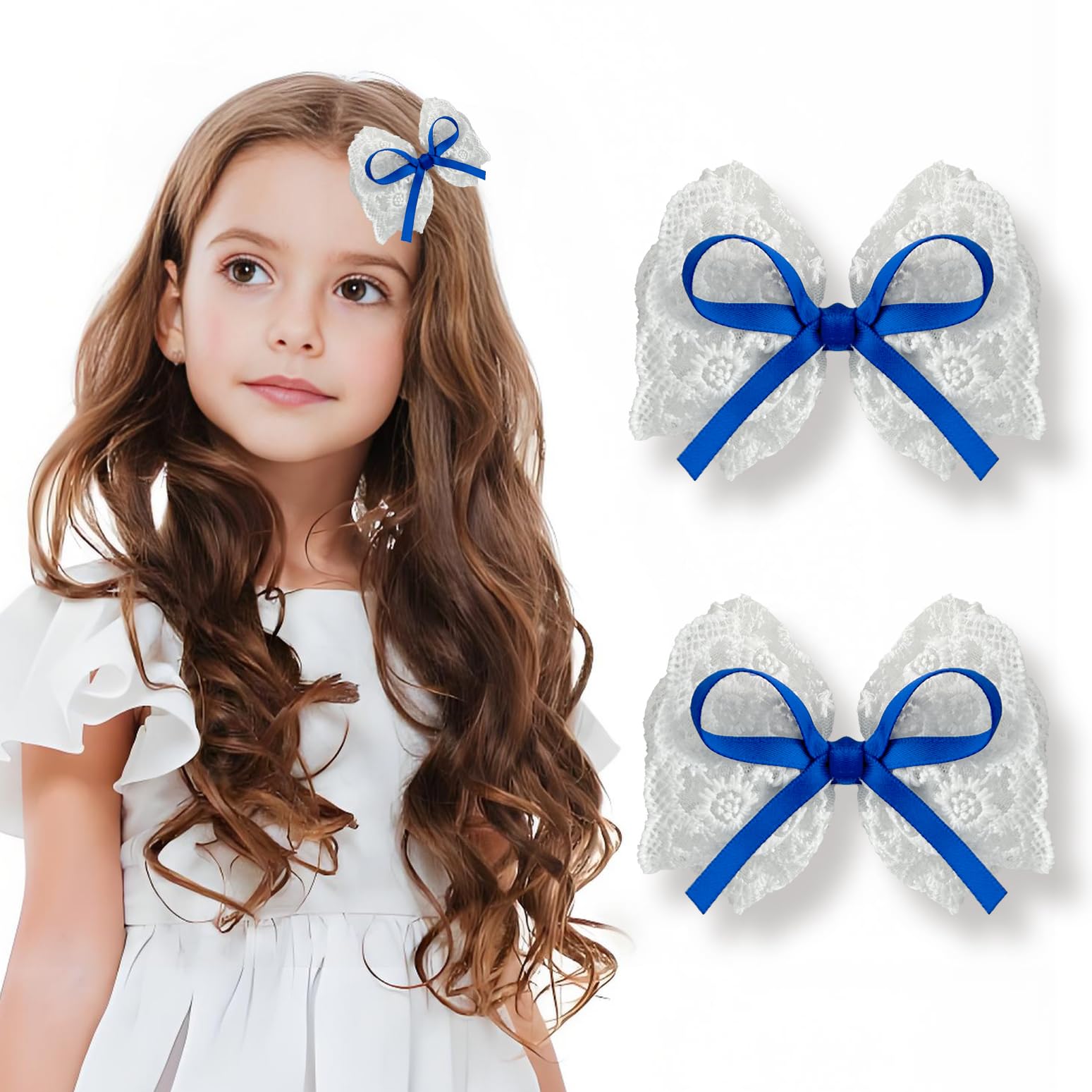 Lmymhmlm 2Pcs Blue Hair Bows For Girls, White Lace Bow With Blue Ribbon, Alligator Bow Hair Clips, Handmade Hair Accessories For