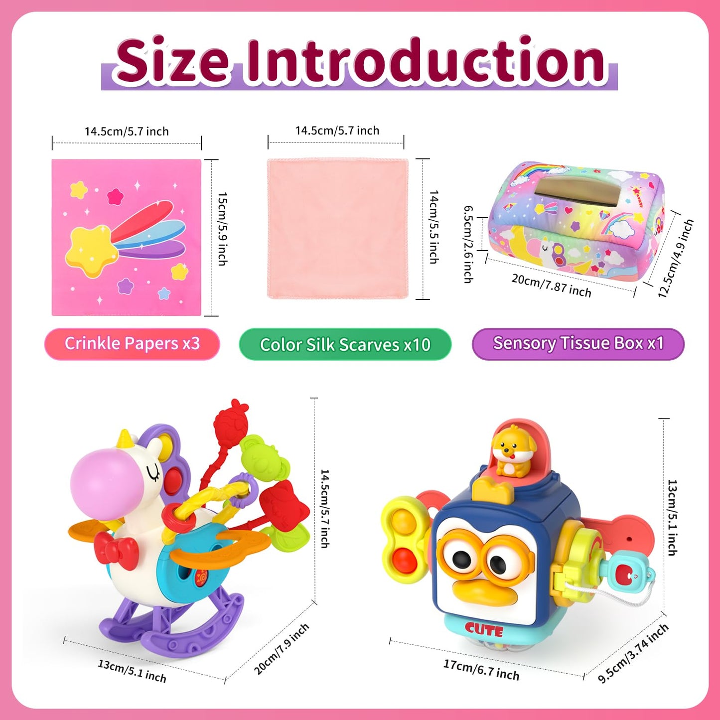 usrela 3 in1 Baby Toys 12 Months - Busy Board Sensory Toys, Tissue Box Toy, Pull String Teether, Learning Toy for Babies 12 18 M