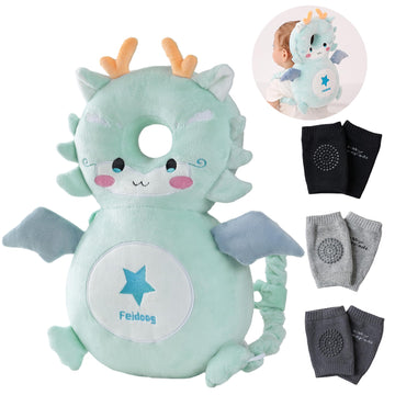 Feidoog Baby Head Protector Cushion Backpack with 3 Knee Pads for Walking & Crawling,Blue Dragon