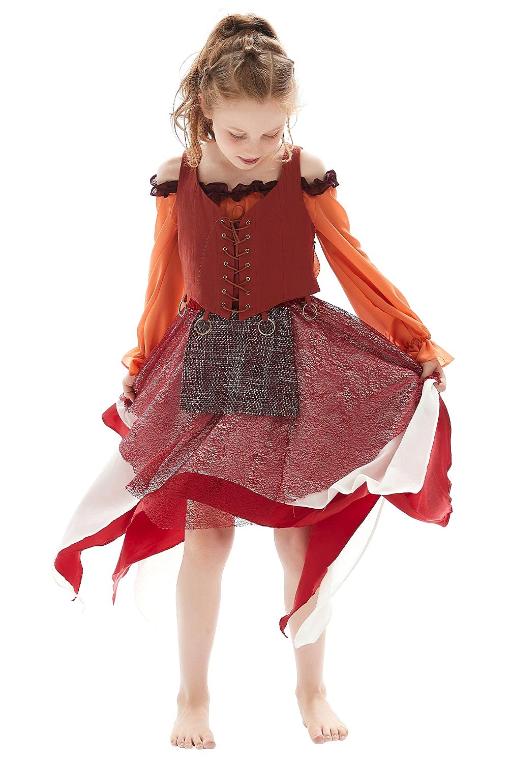Taeyue Kids Mary Sanderson Costume Sister Halloween Cosplay Orange Witch Dress Outfit For Girls,Large