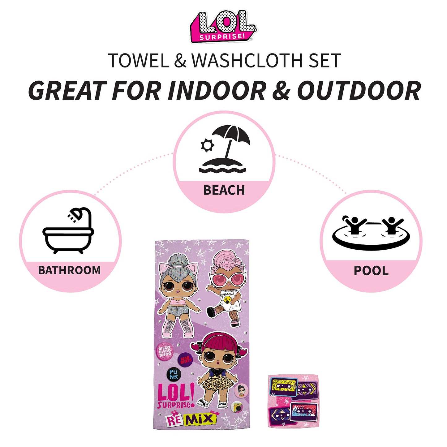 Franco Lol Surprise Kids Bath/Pool/Beach Soft Cotton Terry Towel With Washcloth 2 Piece Set, 50 In X 25 In