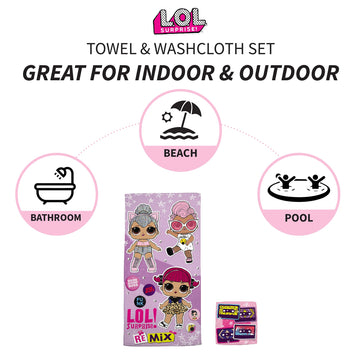 Franco Lol Surprise Kids Bath/Pool/Beach Soft Cotton Terry Towel With Washcloth 2 Piece Set, 50 In X 25 In