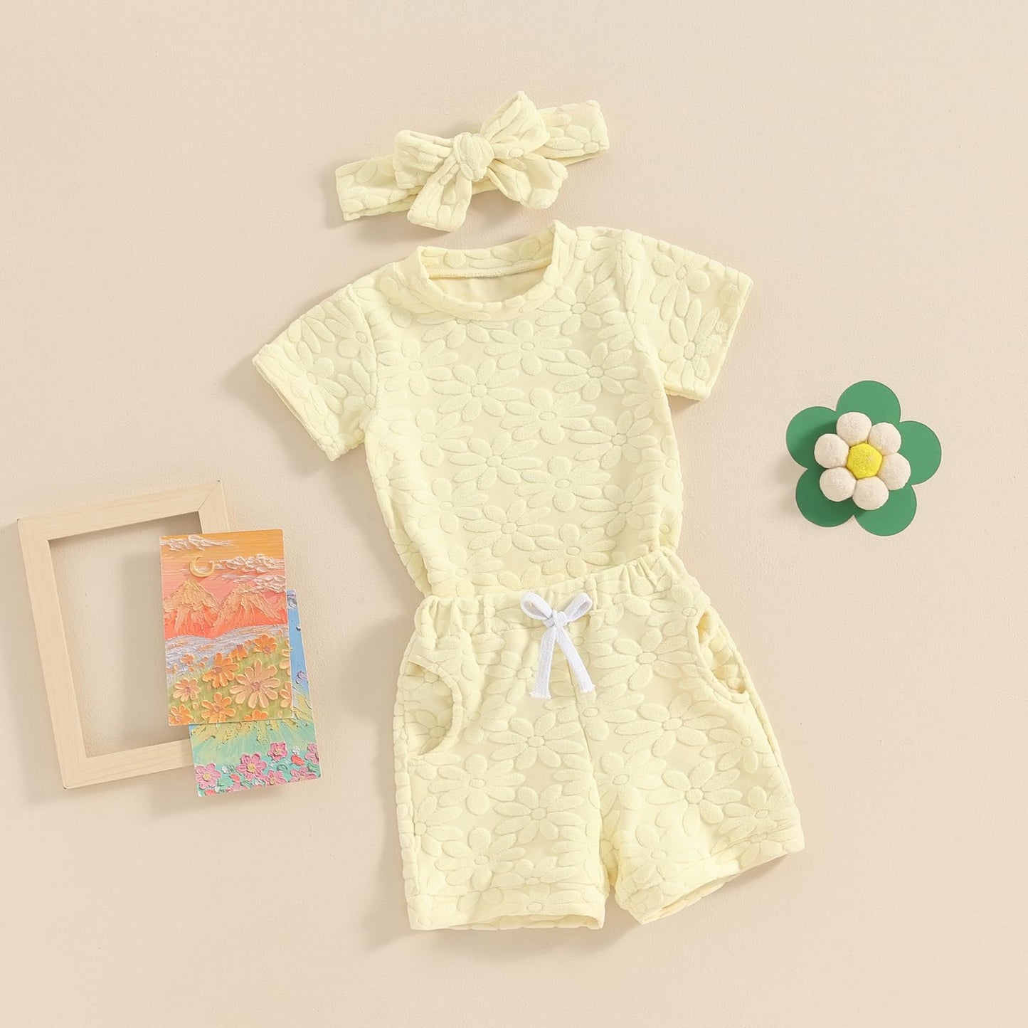 Toddler Baby Girls Daisy Chenille Patch Outfit Short Sleeve T-Shirt Shorts Headband 3Pcs Summer Clothes Set (Yellow, 18-24 Month