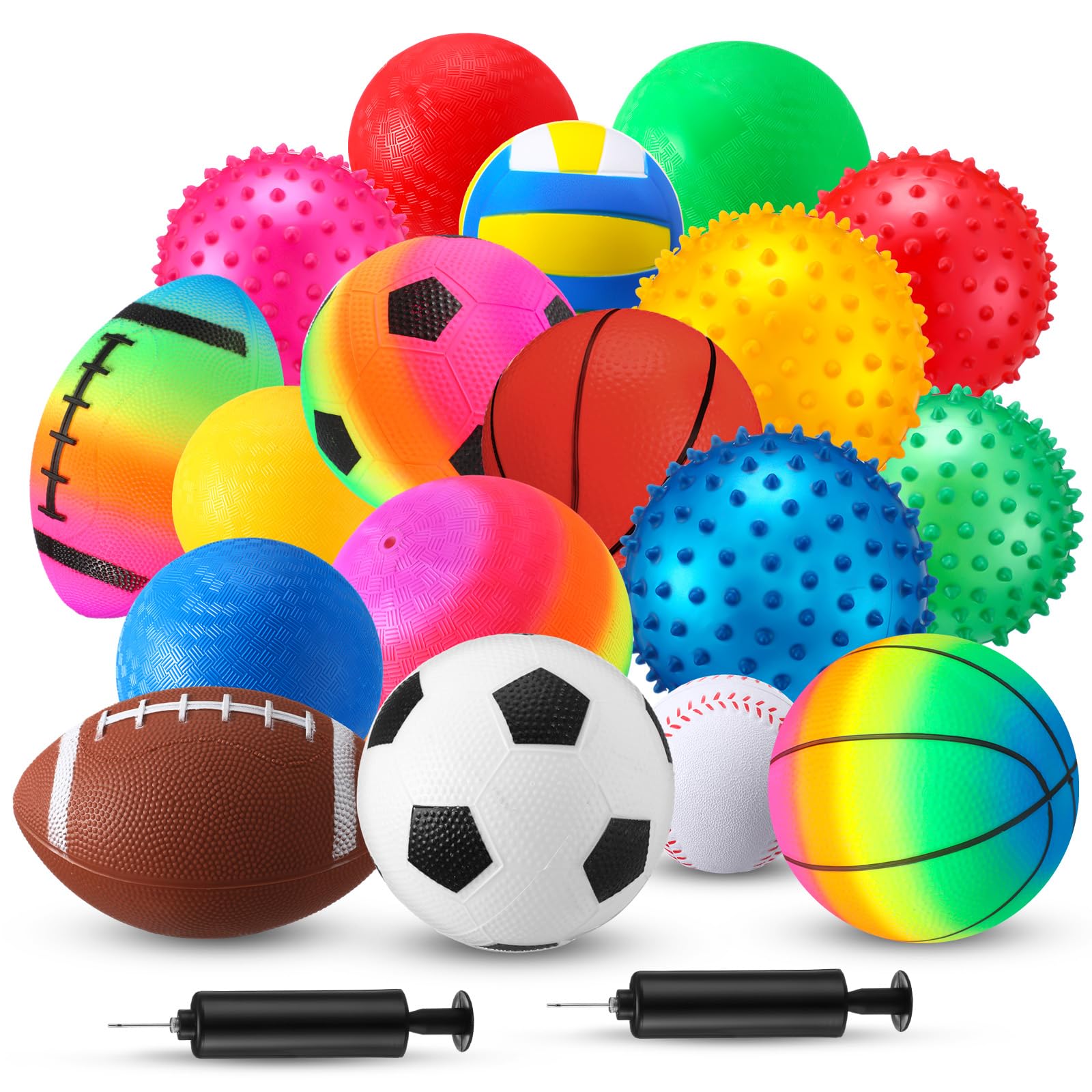 VercanMonth 18 Pcs Sports Balls Set for Boy Girl Assorted Playground Rubber Toy Foam Bouncy Inflatable with Pumps for Indoor Out