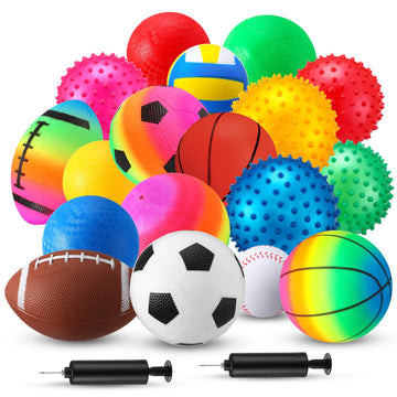 VercanMonth 18 Pcs Sports Balls Set for Boy Girl Assorted Playground Rubber Toy Foam Bouncy Inflatable with Pumps for Indoor Out