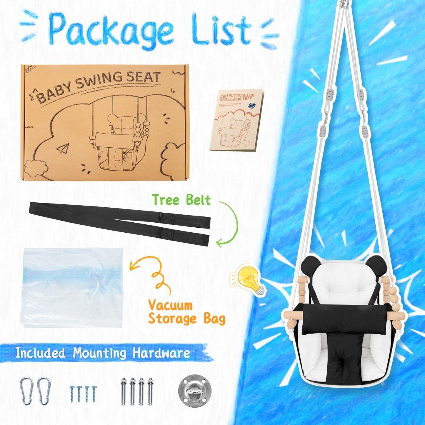 Baby Swing Indoor Outdoor,Secure Canvas Baby Swing, Toddler Swing Seat,Wooden Hanging Swing For Infant,3-Point Adjustable Safety