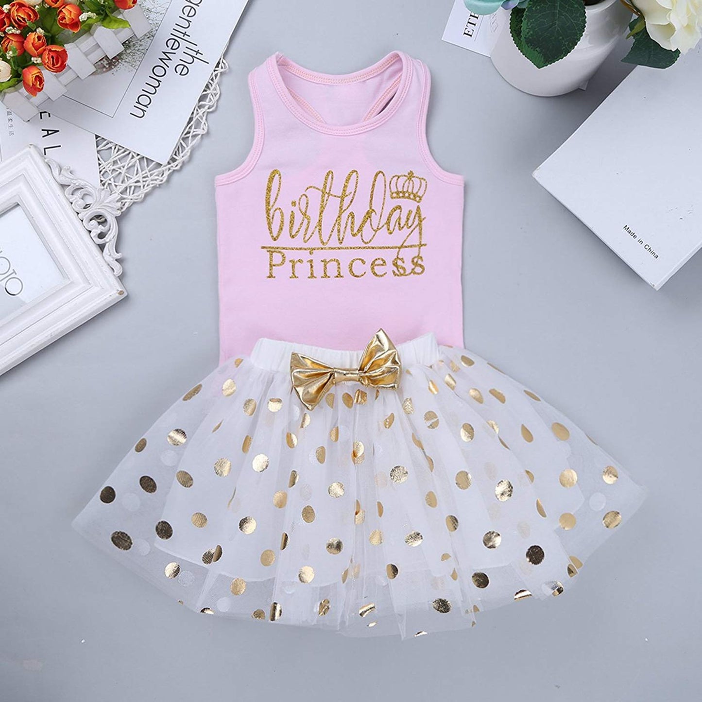 CM C&M WODRO Toddler Kids Baby Girls Birthday Princess Outfits Vest Sleeveless Tank Top Dot Mesh Tutu Skirt 2PCS Summer Skirt Se