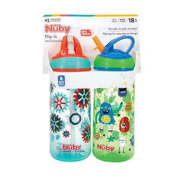 Nuby 2 Pack Iridescent Flip-It Kids On-The-Go Printed Water Bottle With Bite Proof Hard Straw - 18Oz / 540 Ml, 18+ Months, 2 Pk