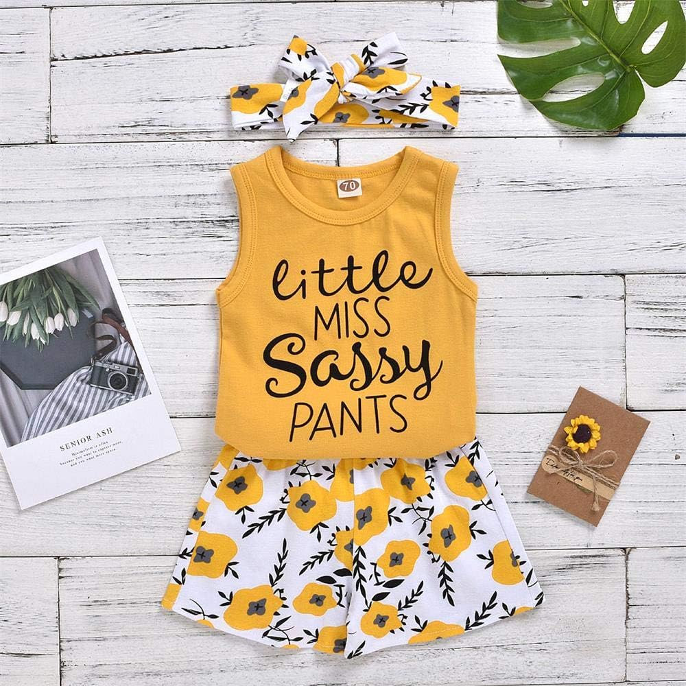 Hipea Toddler Baby Girl Outfits Flower Tops Sleeveless Vest Shorts Headband Summer Clothes Set(3-4T)