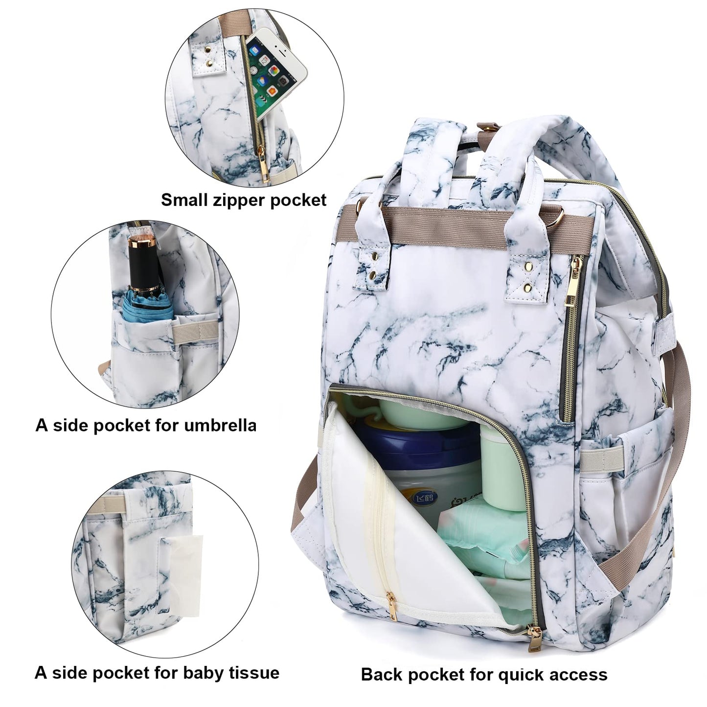 Yusudan Diaper Bag Backpack For Baby Girls, Mom Waterproof Large Nappy Bags For Women (Marble)