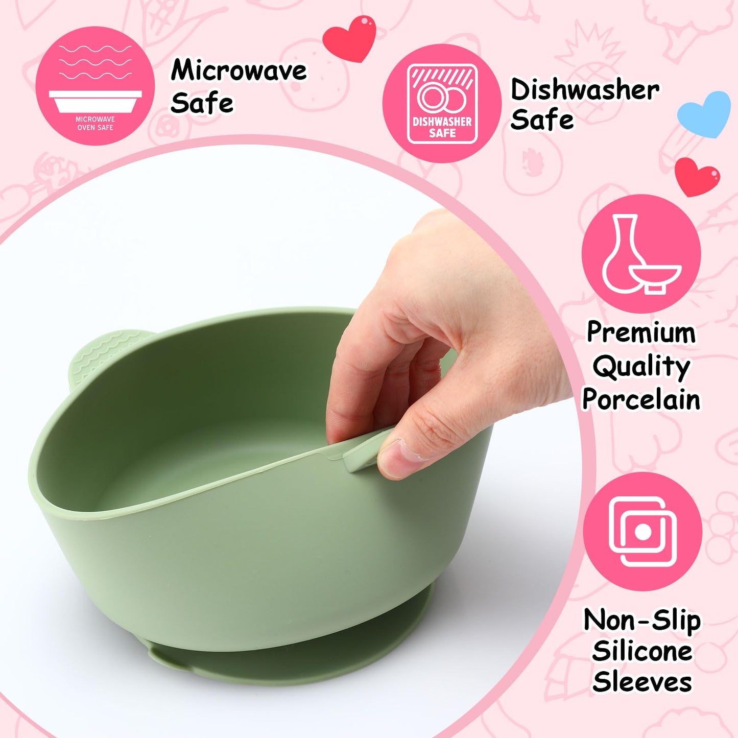 Domensi 2 Sets Kids Porcelain Bowls With Silicone Suction Sleeves Toddler Suction Bowls Baby Bowl Microwave Dishwasher Safe Cere