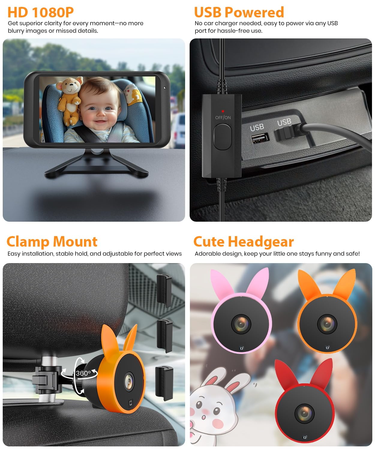 Babyvue Usb Car Camera For Baby : 4.5' Baby Car Camera With 1080P Crystal Clear Mirror View, Easy Installation Carseat Rear Fac
