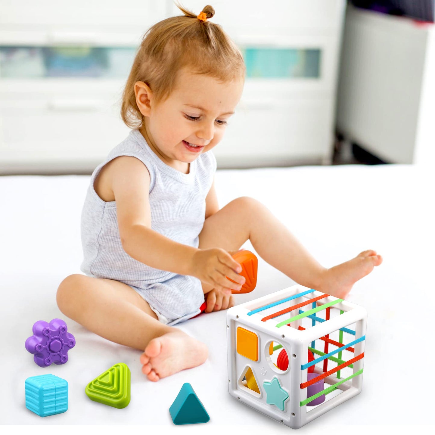 Baby Sensory Shape Sorter Blocks Toy, Activity Cube Bins, Montessori Educational Learning Fine Motor Skills Toys for Babies Todd