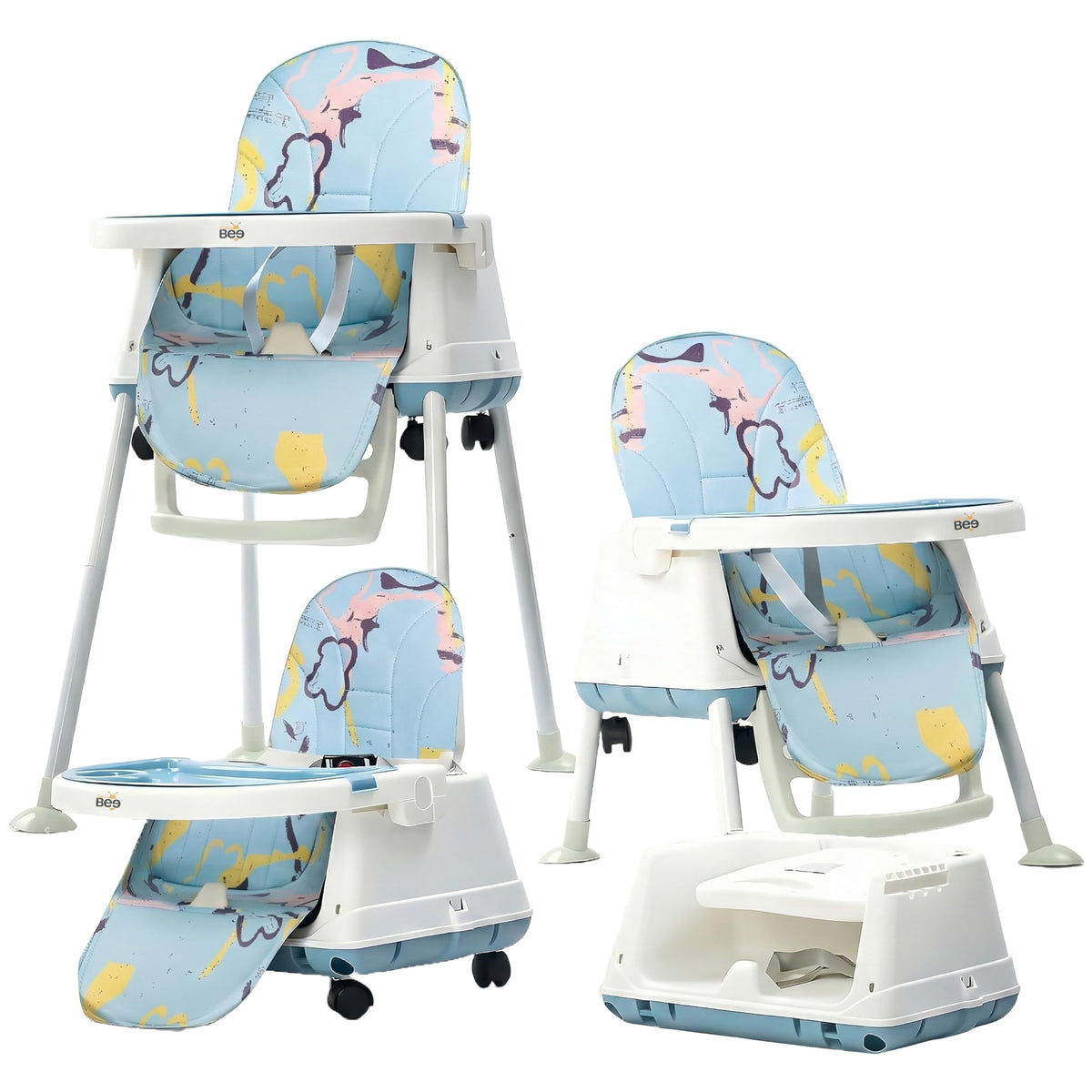 Golden Bee Deluxe 4 In 1 Convertible High Chair For Babies And Toddlers, Feeding Seat With Tray, Wheels, Safety Belt, And Cushio