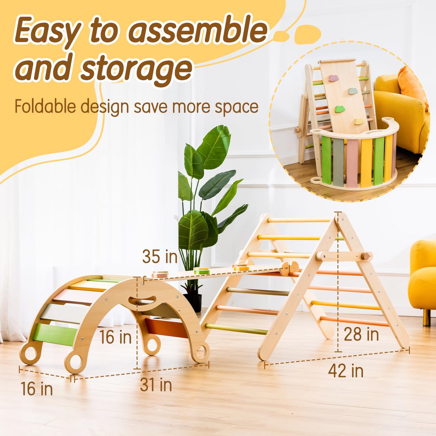 Deli 7 In 1 Pikler Triangle Set, Large Size Toddler Climbing Triangle Set, Wooden Baby Jungle Gym Indoor, Foldable Montessori Cl
