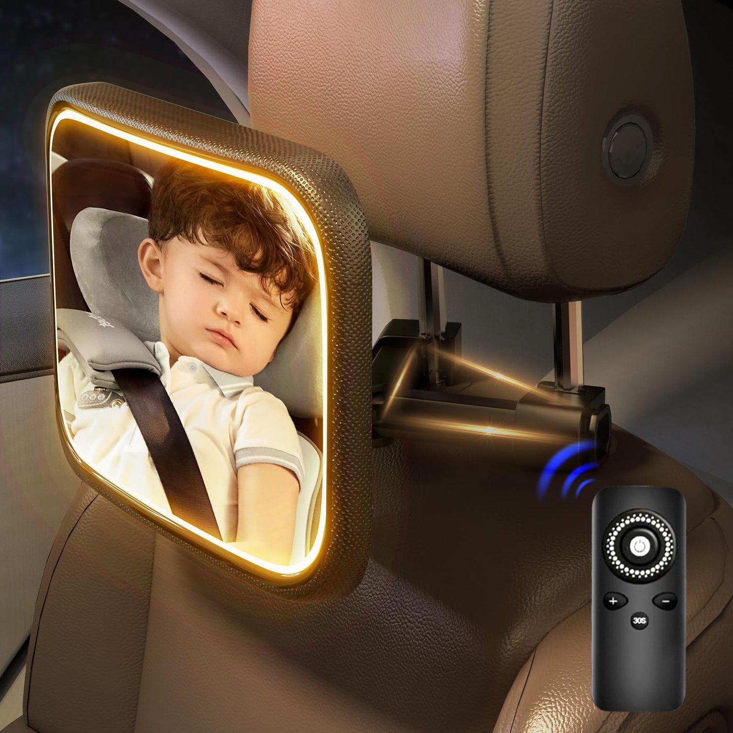 Semxnly Baby Car Mirror with Light - Rechargeable Baby Mirror for Car with Remote Control, Clear Vision, 360 Rotation Rear Facin
