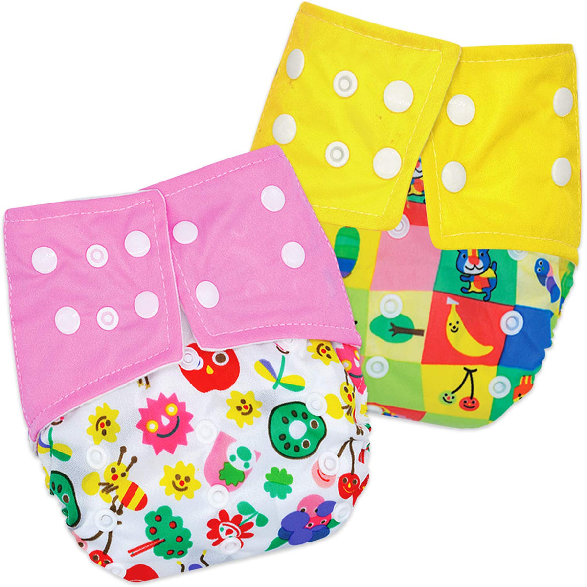 Bembika Cloth Diapers For Babies, Washable Reusable, Adjustable Sizes (2 Combo) (No Inserts Included) (Pink Doodle + Yellow Dood