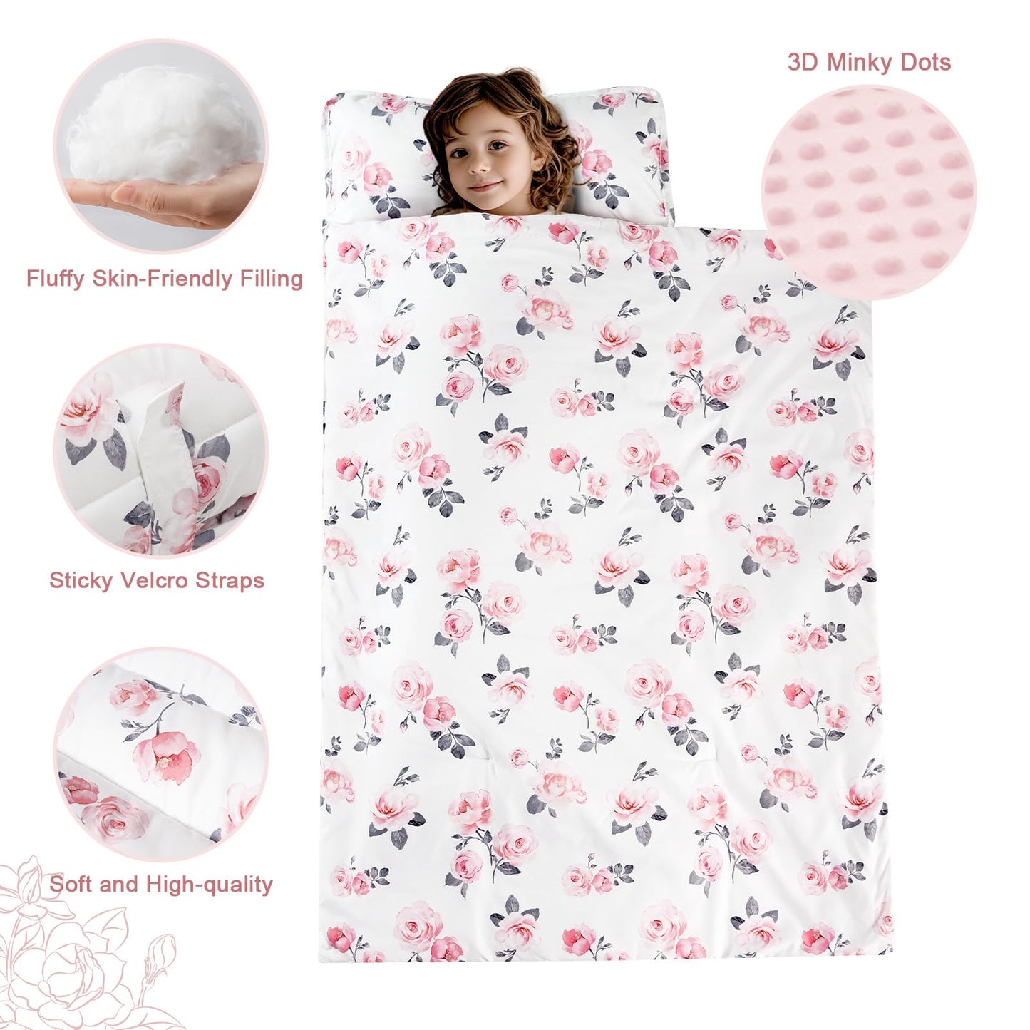 Phf Toddler Nap Mat With Removable Pillow And Minky Fleece Blanket, Rollup Design Warm Slumber Bags For Girls, 50 'X20 'X2 '
