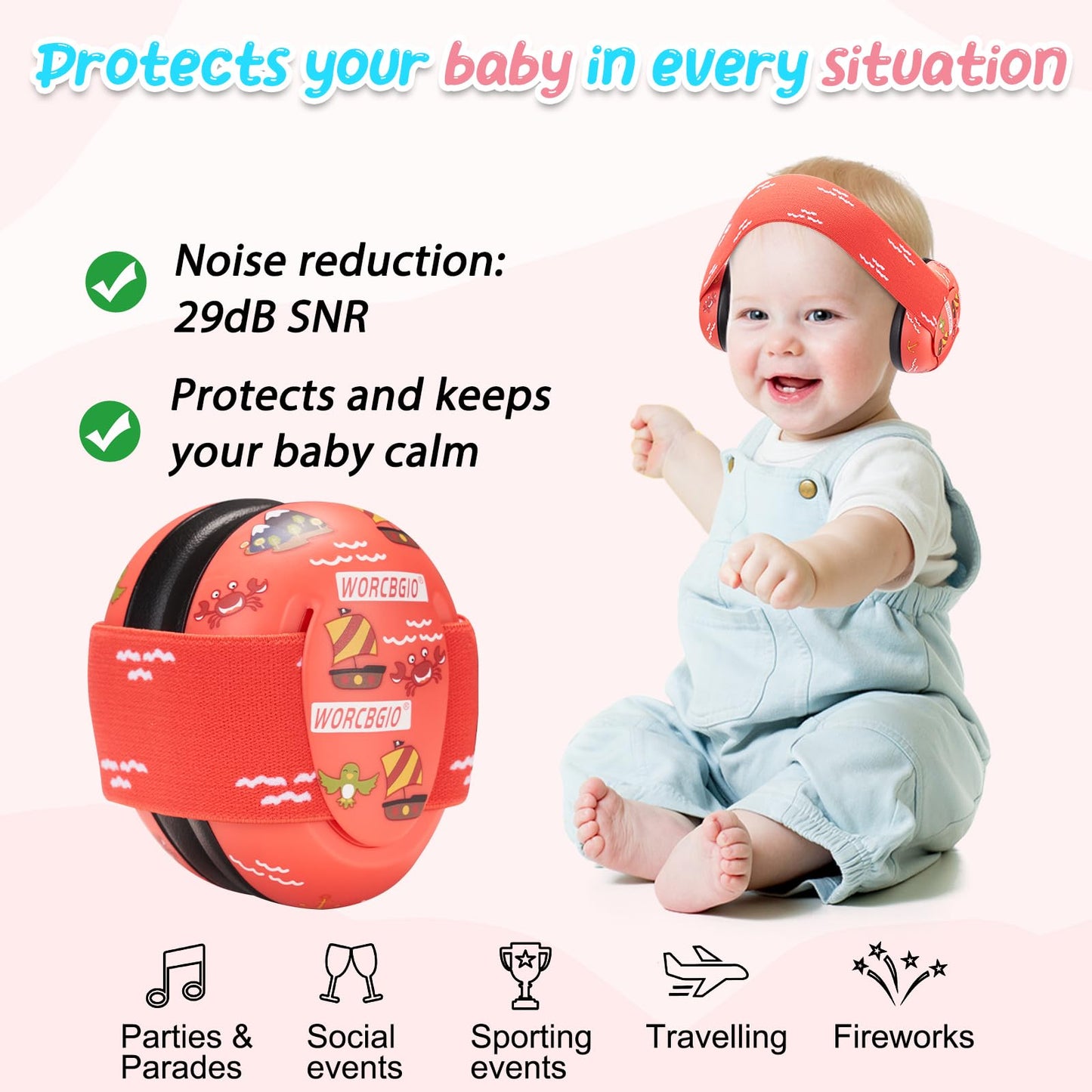 Worcbgio Infant Ear Protection Noise Cancelling Baby Ear Muffs, Toddler Hearing Protection With Adjustable Elastic Headband,Sail