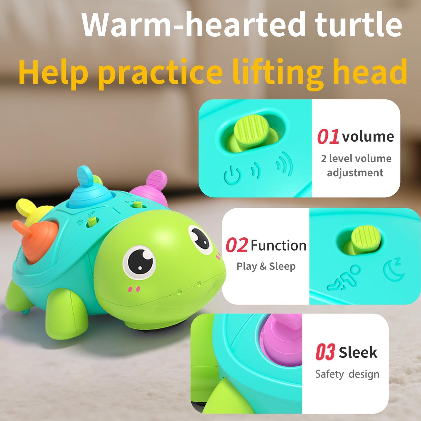 GeeKiPrime Baby Musical Crawling Toys 6 to 12 Months, Infant Turtle Light Up Toy for Teething Fine Motor Sleep Aid, Baby 7 8 9 1