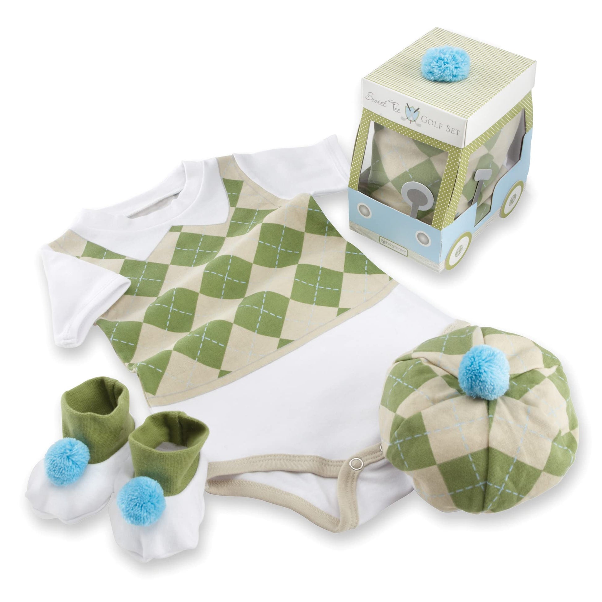 Baby Aspen Three Piece Layette Set In Golf Cart Package, Green/White, 0-6 Mos.