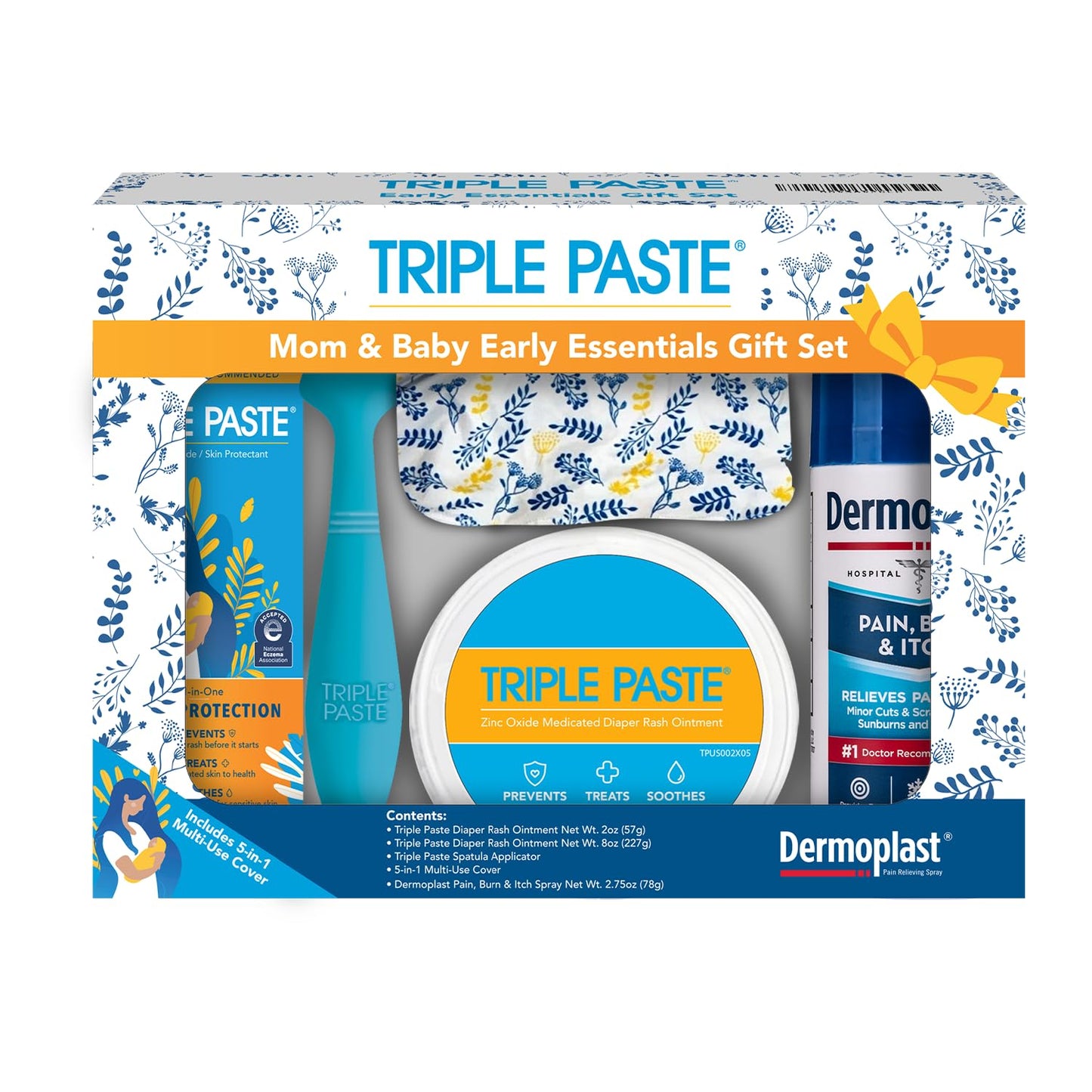 Triple Paste Mom & Baby Early Essentials Gift Set With 5 Items, Diaper Rash Ointment 8Oz Jar & 2Oz Tube, Spatula Applicator, Der