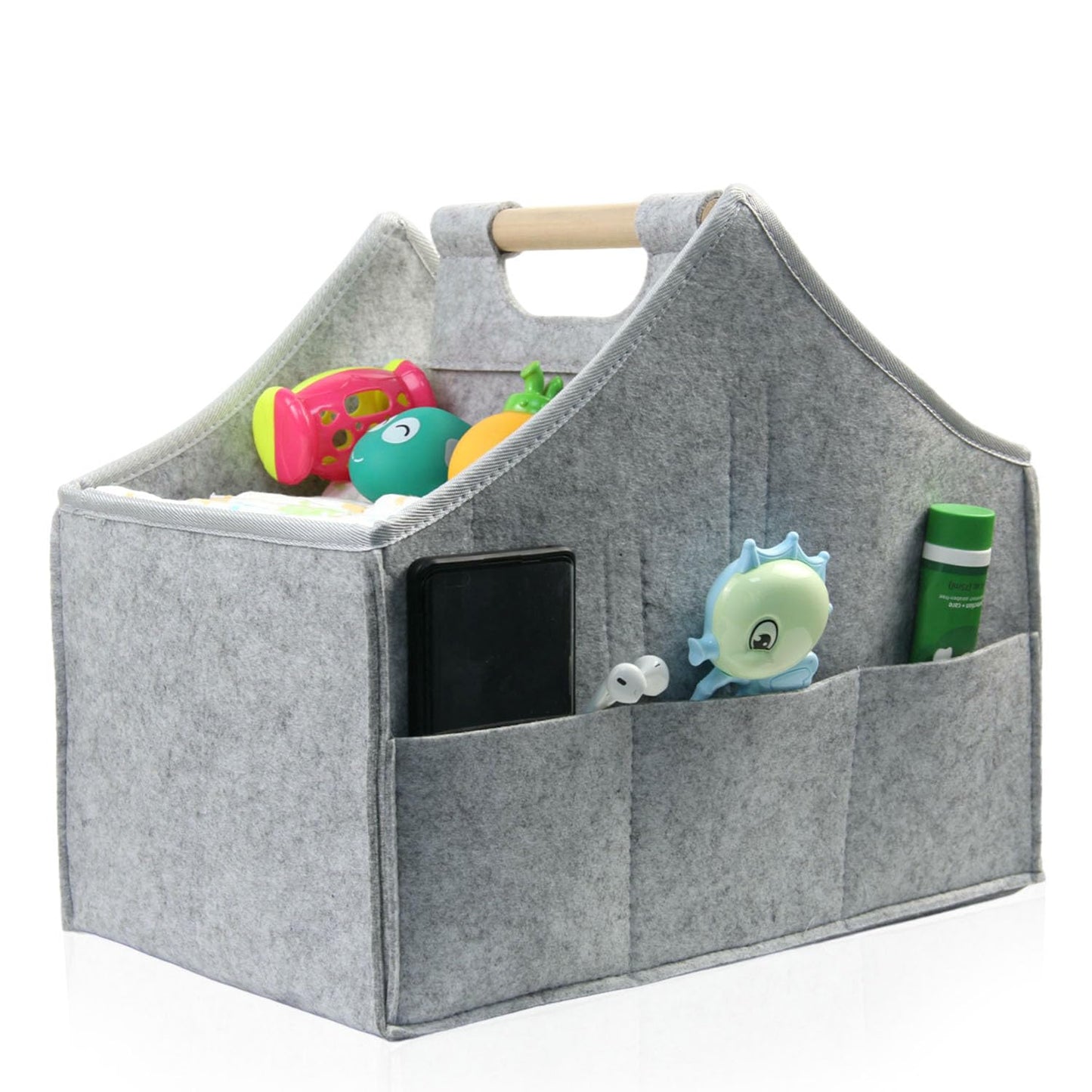 HMOSSVK Baby diaper caddy organizer, car felt caddy, baby product storage basket, solid wood handle, detachable partition storag
