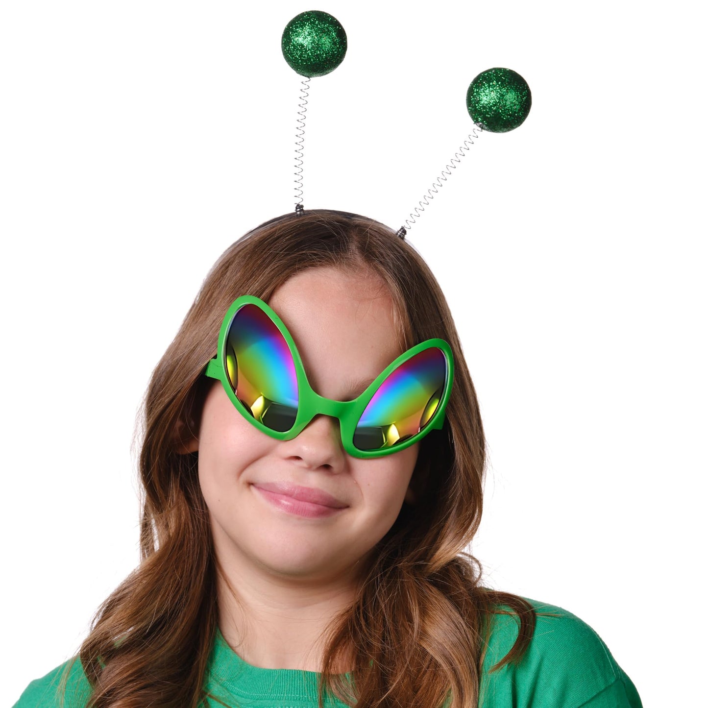 Cheerin Green Alien Headband And Glasses - Martian Antenna Headband - Glitter Ball Head Boppers - Space Theme Costume - Alien Co