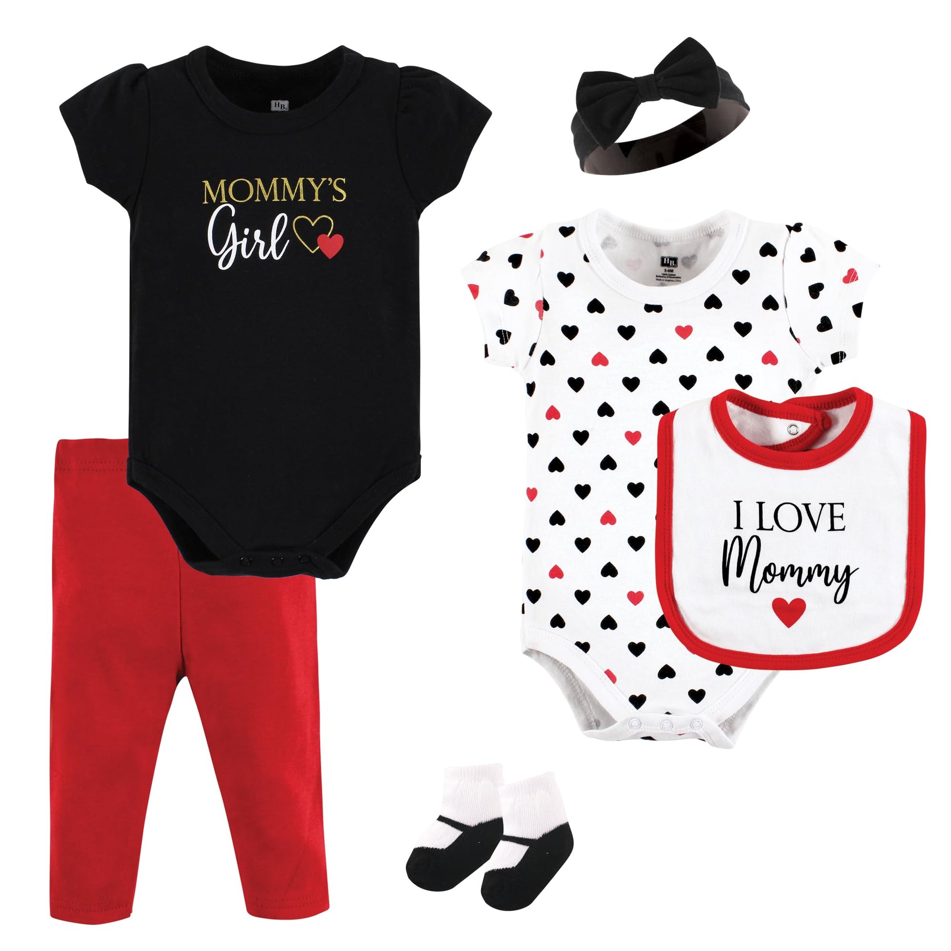 Hudson Baby Unisex Baby Cotton Layette Set, Girl Mommy Red Black, 3-6 Months