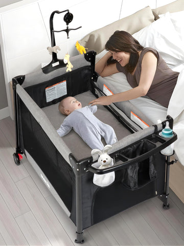 Biusikan Baby Bassinet, Pack And Play With Bassinet, Bassinet Bedside Sleeper With Diaper Changer, Mosquito Net, Music Box, Port