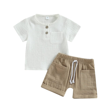 Fhutpw Baby Boys 2Pcs Summer Outfits Short Sleeve T-Shirt Tops Elastic Waistband Shorts Set Toddler Clothes (Linen White + Light