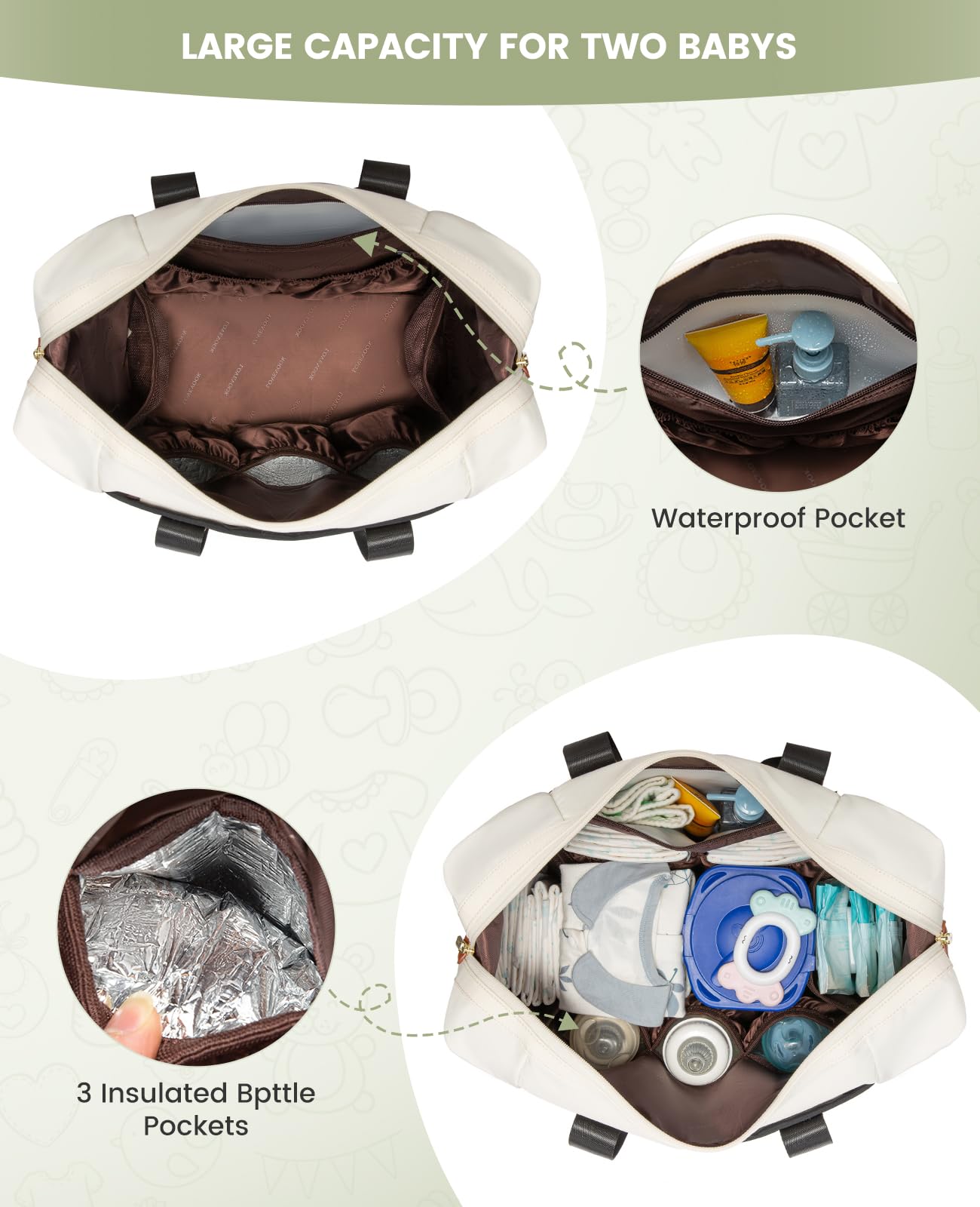 Lovevook Diaper Bag, Large Baby Tote With Changing Pad And First Aid Bag, Black/Beige/Brown