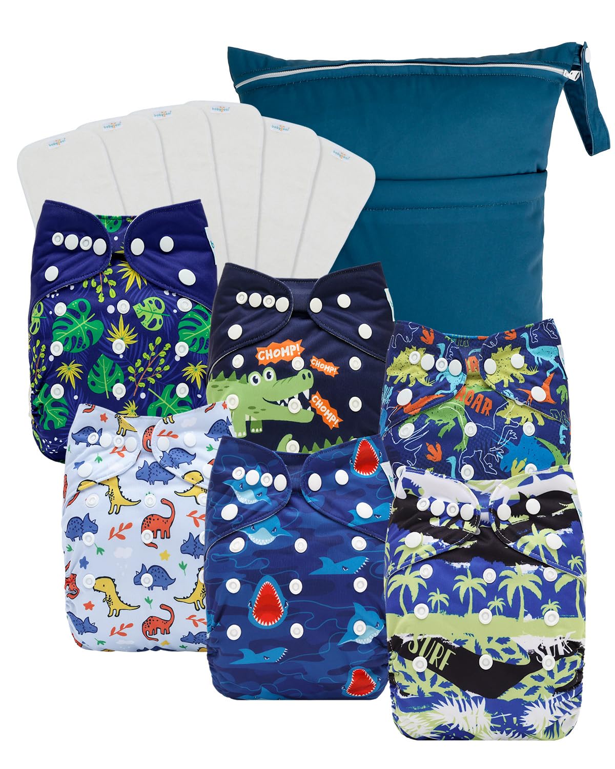 Babygoal Baby Cloth Diaper 6 Pack with 6pcs Inserts and Wet Bag for Fitted Diapers and Prefolds, Adjustable and Reusable Covers 
