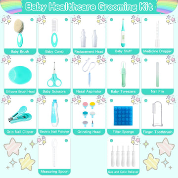 Baby Healthcare And Grooming Kit, 28 In 1 Portable Baby Essentials Kit Electric Nail Trimmer Set With Gas Relief Hair Brush Comb