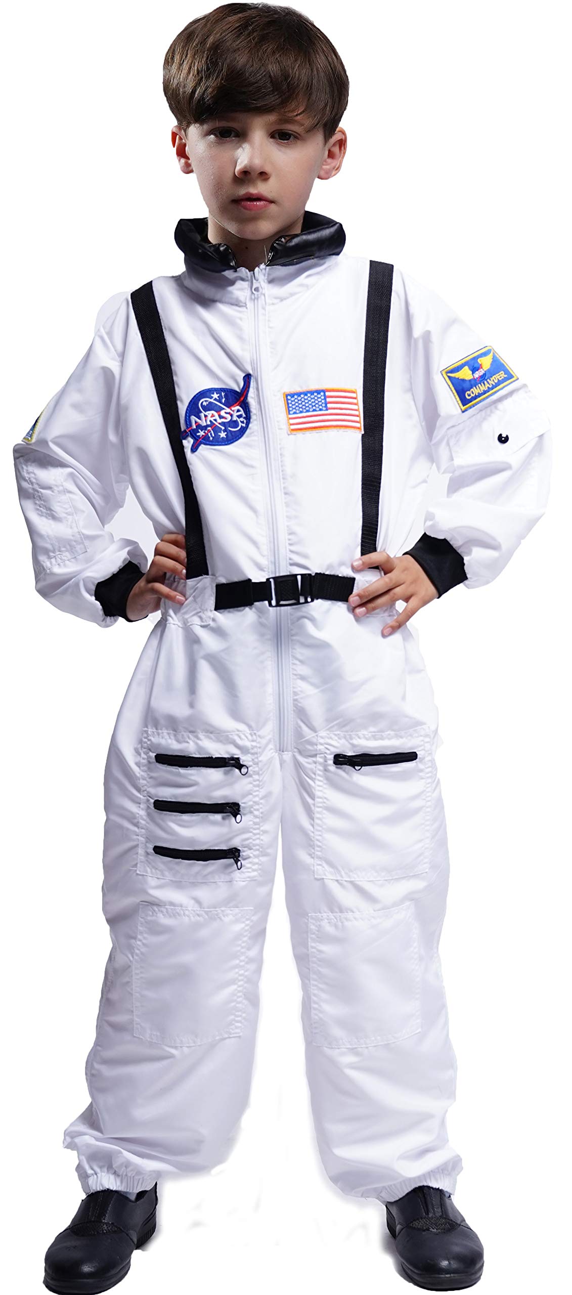 Maxim Party Supplies Kids Astronaut Costume Space Suit Onesie With Embroidered Patches And Pockets For Children, Boys (4/6, Whit