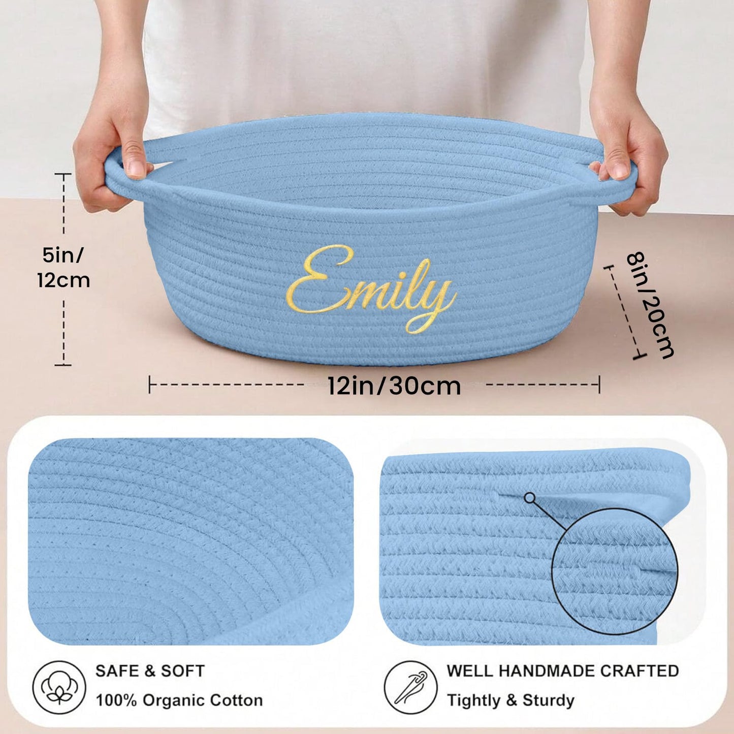 Hutario Personalized Woven Basket Embroidered Name With Gift Bags And Ribbons,Empty Small Rope Basket,Durable Storage Custom Blu