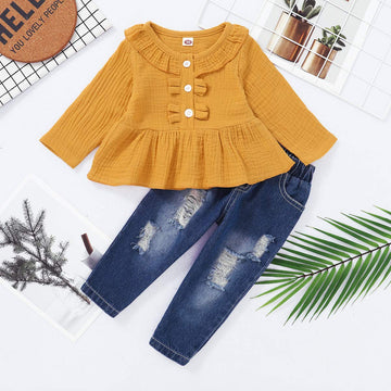 Toddler Baby Girl Outfits Long Sleeve Linen Shirt Cute Ripped Jeans Kids Denim Pants Set Winter 12-18 Months Girl Clothes Yellow