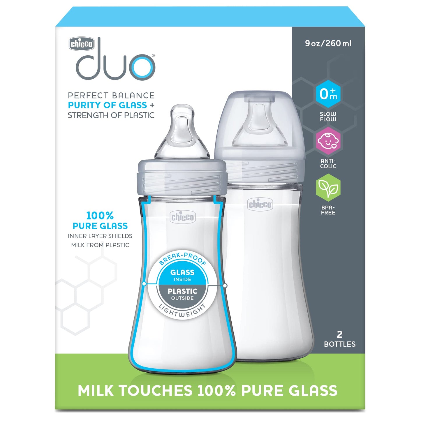 Chicco Duo 9Oz. Hybrid Baby Bottle With Invinci-Glass Inside/Plastic Outside With Slow Flow Anti-Colic Nipple - Clear/Grey, Coun