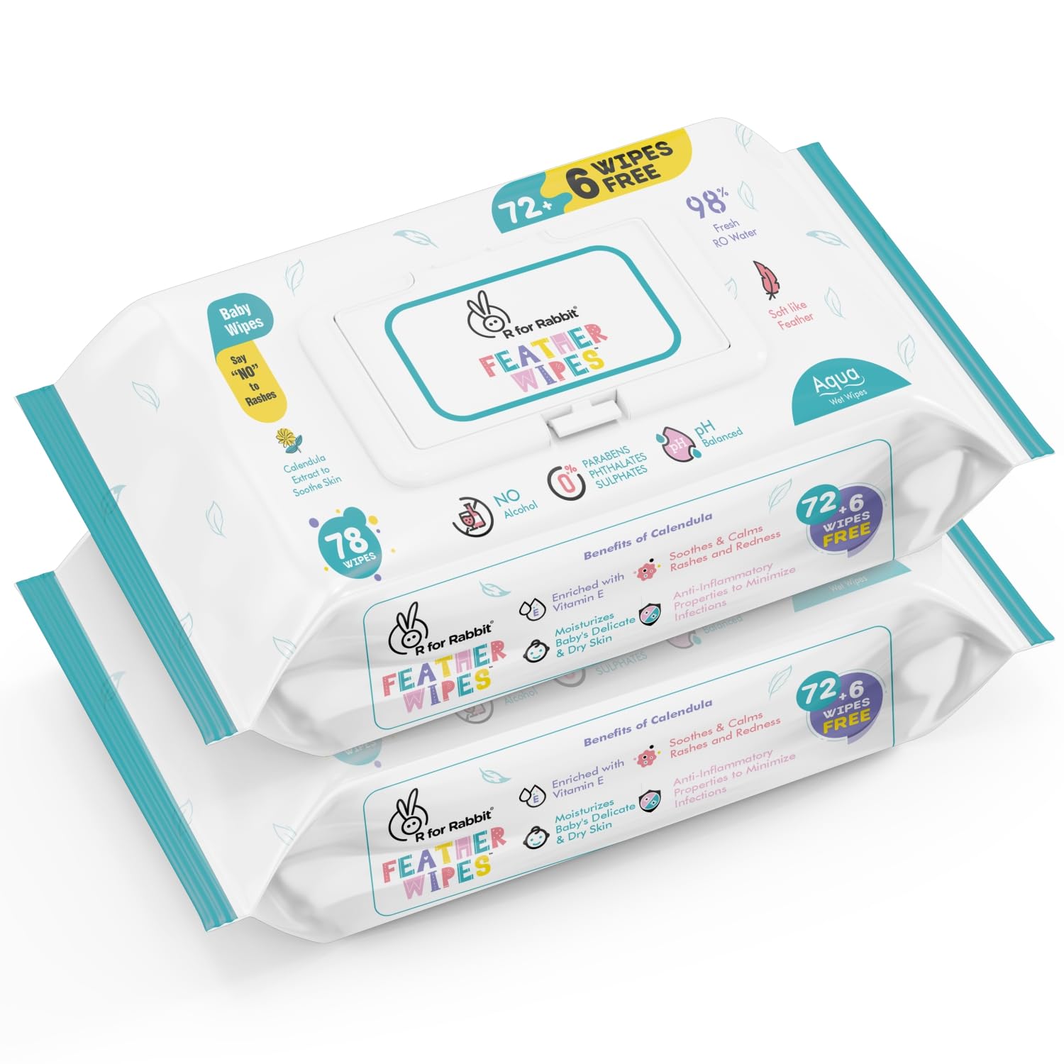 R For Rabbit Feather Aqua Baby Wipes Combo Pack Of 156 Units | Pure Water Wet Wipes For Babies With Lid (Combo Of 2 Packs)